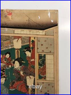 Kuniteru Woodblock Print Triptych Tale of Genji Cherry Blossom Viewing Ukiyo-e