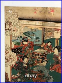 Kuniteru Woodblock Print Triptych Tale of Genji Cherry Blossom Viewing Ukiyo-e