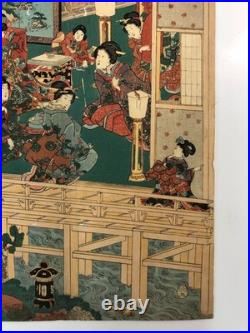 Kuniteru Woodblock Print Triptych Tale of Genji Cherry Blossom Viewing Ukiyo-e