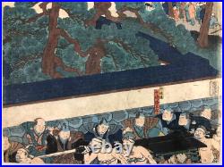 Kuniyoshi Woodblock Print TriptychGishi hyojo no zu, Ukiyo-e, Chushingura, c. 1850