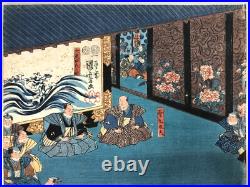 Kuniyoshi Woodblock Print TriptychGishi hyojo no zu, Ukiyo-e, Chushingura, c. 1850