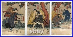 Kuniyoshi Woodblock Print Triptych Kabuki Play Hayano Kanpei 47 Ronin Ukiyo-e