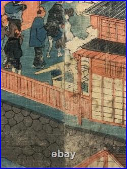Kuniyoshi Woodblock Print Triptych View of the Brothels in Yokohama 1860