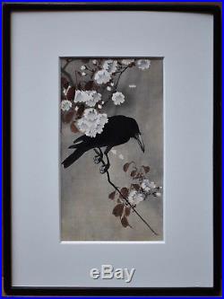 Listed Japanese Artist Koson Ohara, Original Color Woodblock Rare Signed Crow