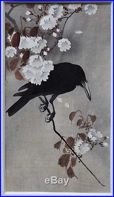 Listed Japanese Artist Koson Ohara, Original Color Woodblock Rare Signed Crow