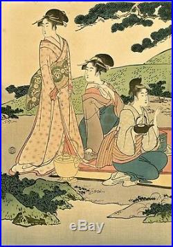 Lovely Meiji era UTAMARO Japanese woodblock triptych PICNIC BY A STREAM