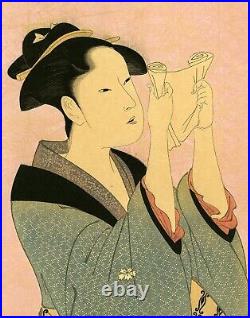 MEIJI era UTAMARO Japanese ukiyo-e woodblock reprint READING A LETTER