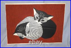 Modern Japanese Woodblock Print Cats Mid Century Kawano Kittens
