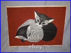 Modern Japanese Woodblock Print Cats Mid Century Kawano Kittens