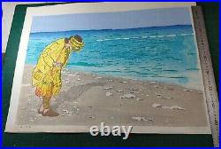 Multicolor Japanese Woodblock Print Girl Picking Up Shells