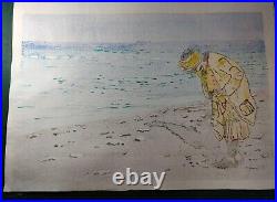 Multicolor Japanese Woodblock Print Girl Picking Up Shells