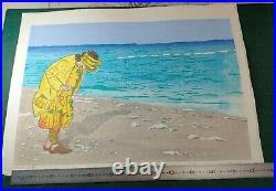 Multicolor Japanese Woodblock Print Girl Picking Up Shells
