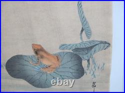 OHARA KOSON Hand Colored Japanese Woodblock Print FROG on LOTUS LEAF