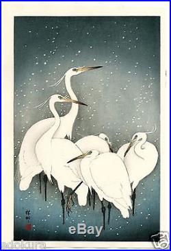 OHARA KOSON Shoson JAPANESE Hand Printed Woodblock Print Herons in Snow