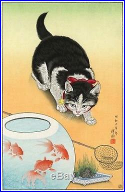 OHARA KOSON Shoson JAPANESE Woodblock Print Cat and Goldfish Bowl