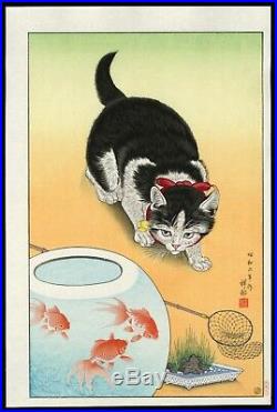 OHARA KOSON Shoson JAPANESE Woodblock Print Cat and Goldfish Bowl