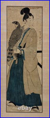 ORIGINAL KIKUGAWA EIZAN EDO WOODBLOCK MAN with FALCON JAPAN ASIAN JAPANESE ART