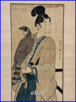 ORIGINAL KIKUGAWA EIZAN EDO WOODBLOCK MAN with FALCON JAPAN ASIAN JAPANESE ART