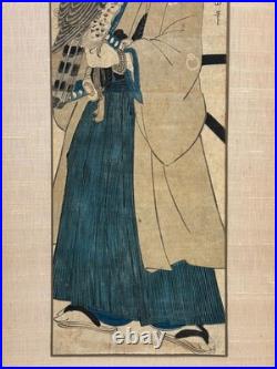 ORIGINAL KIKUGAWA EIZAN EDO WOODBLOCK MAN with FALCON JAPAN ASIAN JAPANESE ART