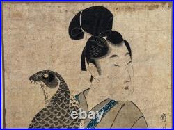 ORIGINAL KIKUGAWA EIZAN EDO WOODBLOCK MAN with FALCON JAPAN ASIAN JAPANESE ART