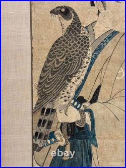 ORIGINAL KIKUGAWA EIZAN EDO WOODBLOCK MAN with FALCON JAPAN ASIAN JAPANESE ART