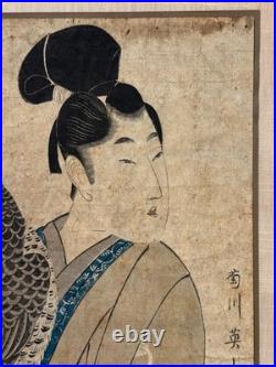 ORIGINAL KIKUGAWA EIZAN EDO WOODBLOCK MAN with FALCON JAPAN ASIAN JAPANESE ART