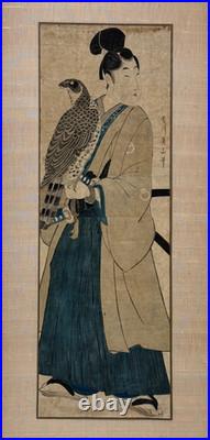 ORIGINAL KIKUGAWA EIZAN EDO WOODBLOCK MAN with FALCON JAPAN ASIAN JAPANESE ART