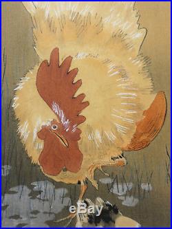 Ohara Koson, Antique Original Japanese Woodblock Print, Rooster And Two Chicks