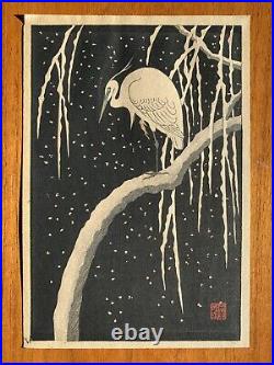Ohara Koson Egret on Snowy Branch Small Original Woodblock 1930