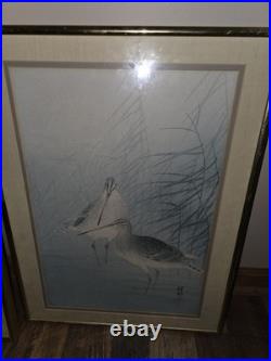 Old Japanese Woodblock Print Ohara Koson Egrets Crescent Moon Snipes Reeds Lot