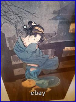 Orig 1920s TAKAHASHI HIROAKI SHOTEI Japanese Woodblock COLD WINTER WIND 15x6.5
