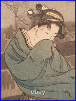 Orig 1920s TAKAHASHI HIROAKI SHOTEI Japanese Woodblock COLD WINTER WIND 15x6.5