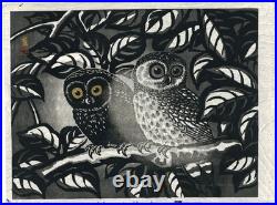 Orig Tomikichiro Tokuriki Signed Extra Large Woodblock Print Two owls