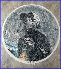 Orig Toru Shimizu Huge Round Woodblock Print Fisherman