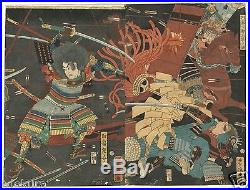 Orig YOSHITORA EDO Antique JAPANESE Woodblock Diptych Print SAMURAI Battle