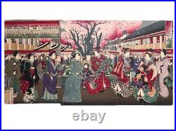 Original 1888 Japanese Woodblock Print Kunimasa Triptych, Shin-Yoshiwara Geish