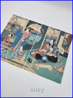 Original 19th C Utagawa Kunisada II Japanese Woodblock Print Interior Scene