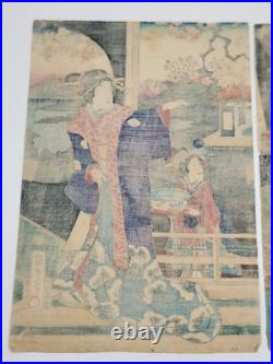 Original 19th C Utagawa Kunisada II Japanese Woodblock Print Interior Scene