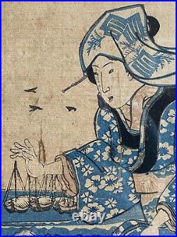 Original 19th Century Utagawa Yoshifuji Japanese Woodblock Print Woman Gathering