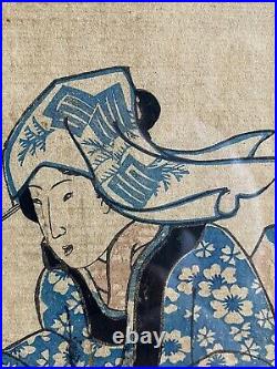 Original 19th Century Utagawa Yoshifuji Japanese Woodblock Print Woman Gathering