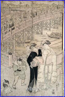 Original Antique Utagawa Toyokuni I Woodblock Circa 1800 Ryogoku Bridge Japan