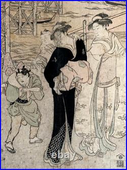 Original Antique Utagawa Toyokuni I Woodblock Circa 1800 Ryogoku Bridge Japan