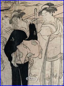 Original Antique Utagawa Toyokuni I Woodblock Circa 1800 Ryogoku Bridge Japan