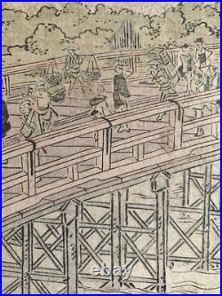 Original Antique Utagawa Toyokuni I Woodblock Circa 1800 Ryogoku Bridge Japan