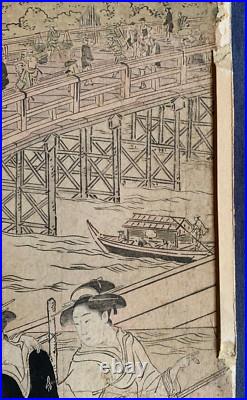 Original Antique Utagawa Toyokuni I Woodblock Circa 1800 Ryogoku Bridge Japan