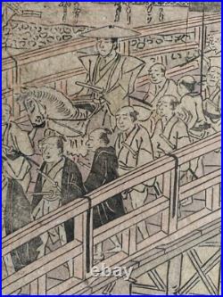 Original Antique Utagawa Toyokuni I Woodblock Circa 1800 Ryogoku Bridge Japan