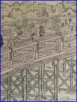 Original Antique Utagawa Toyokuni I Woodblock Circa 1800 Ryogoku Bridge Japan