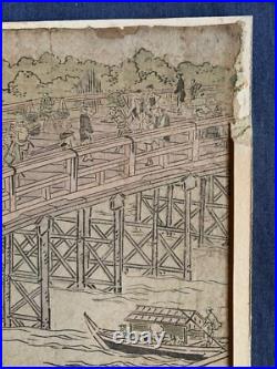 Original Antique Utagawa Toyokuni I Woodblock Circa 1800 Ryogoku Bridge Japan