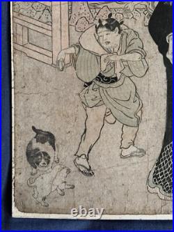 Original Antique Utagawa Toyokuni I Woodblock Circa 1800 Ryogoku Bridge Japan