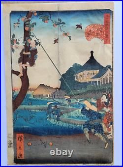 Original Antique Woodblock. The Peach Thief By Utagaga Hirokage Japan